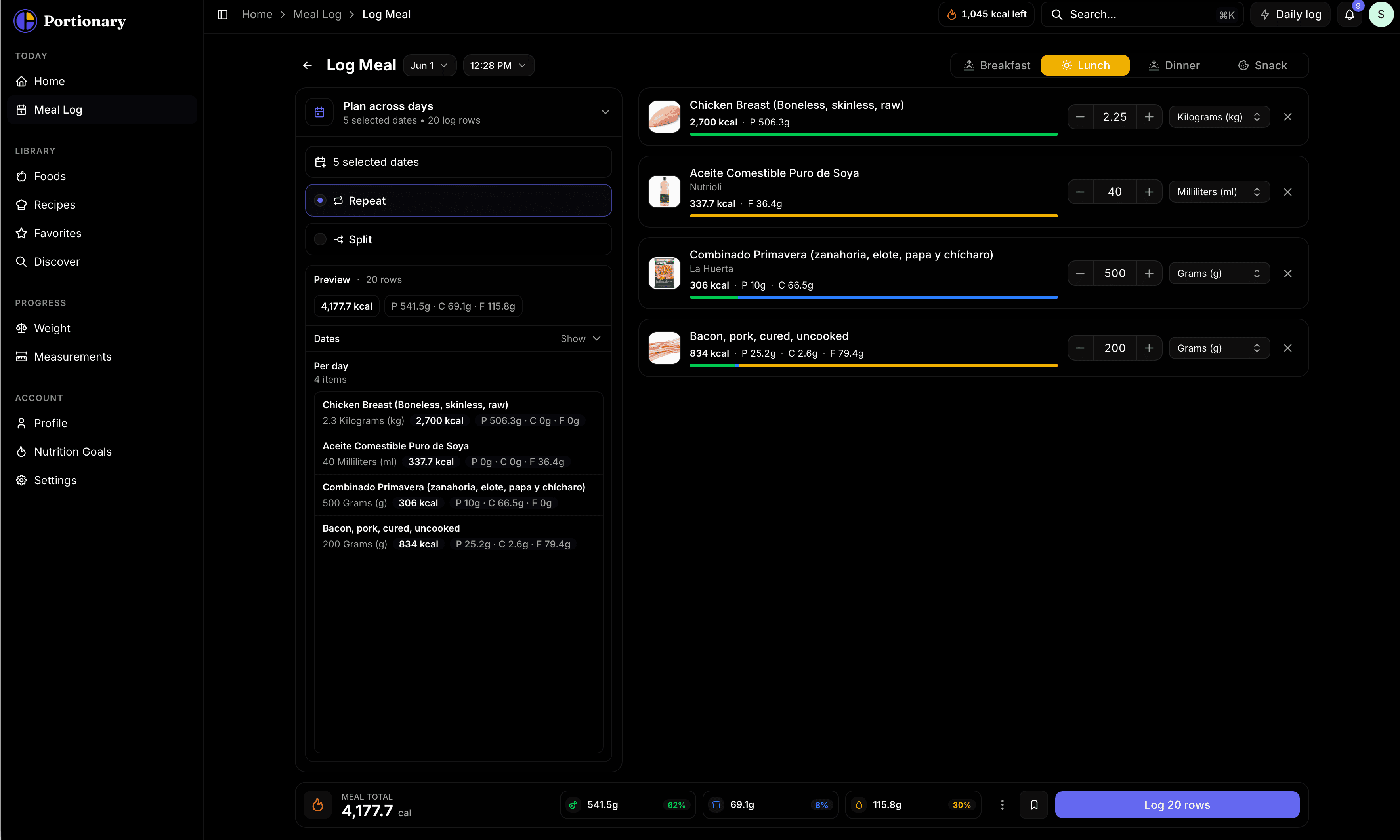 Portionary daily logging workspace with meal rows and macro totals.