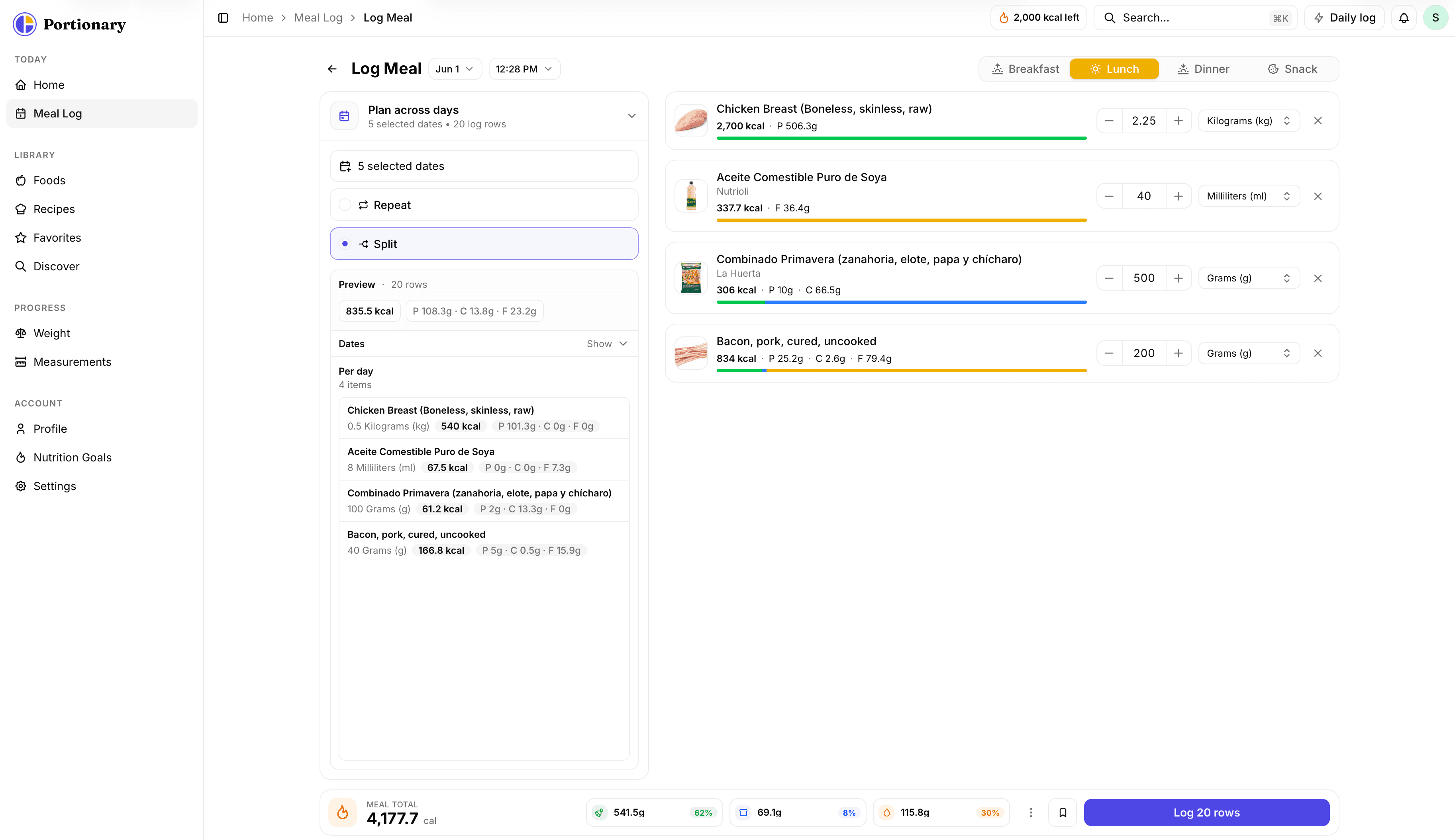 Portionary daily logging workspace with meal rows and macro totals.