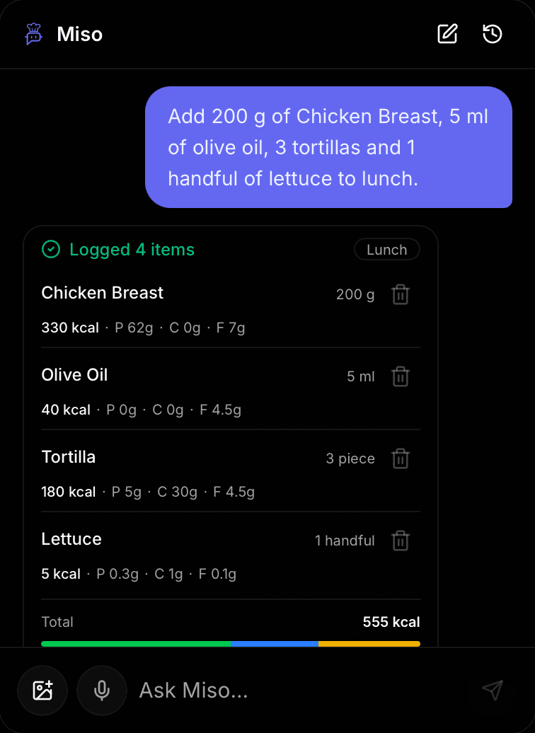 Miso chat showing a reviewed lunch draft.