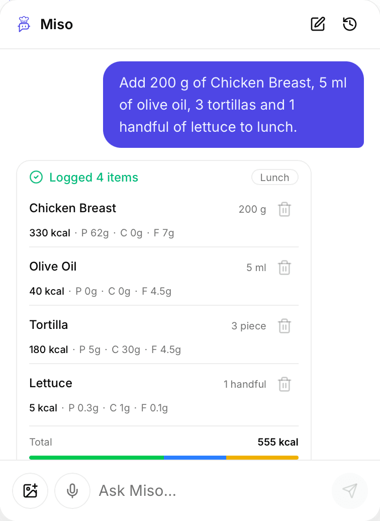 Miso chat showing a reviewed lunch draft.